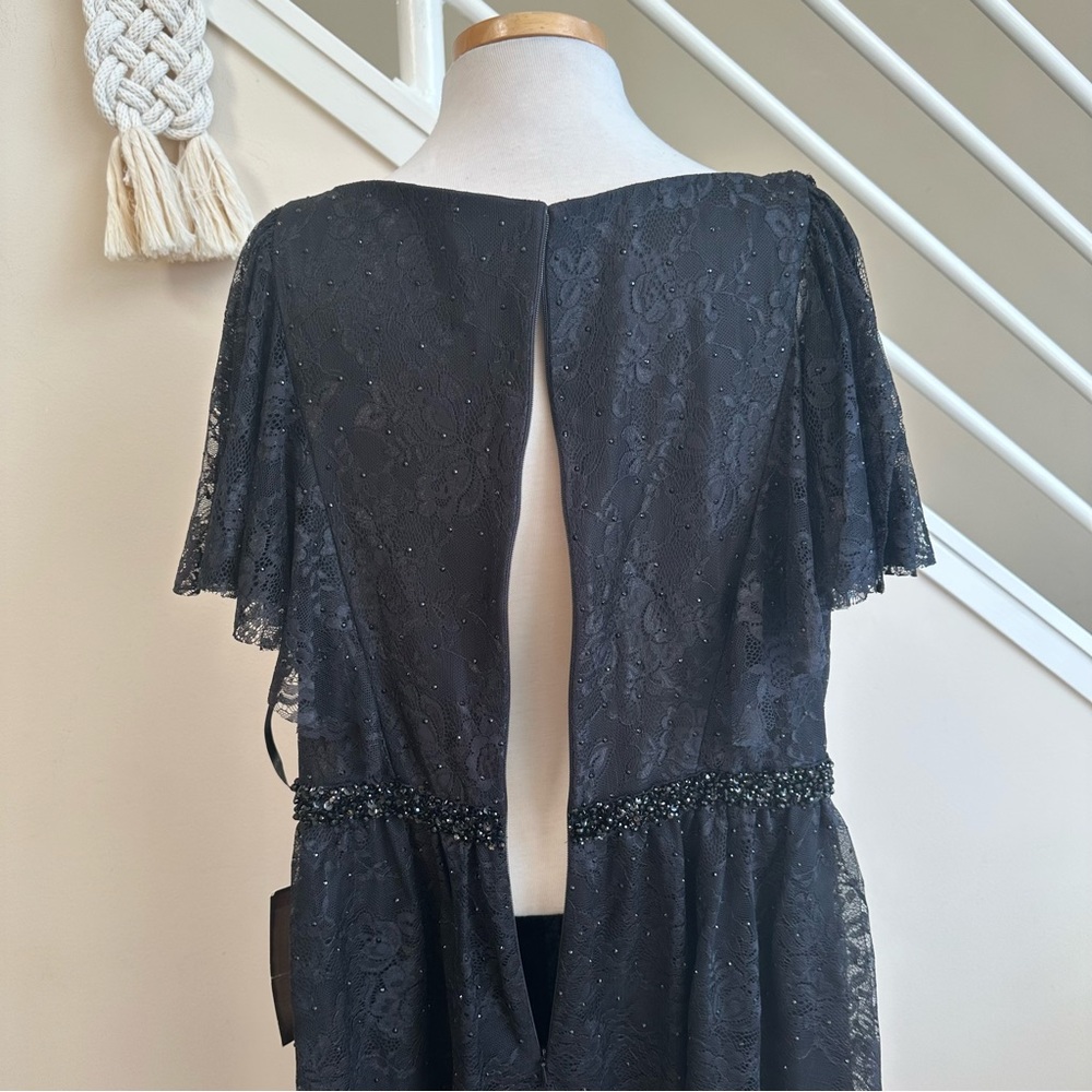 MAC DUGGAL Black Lace Overlay Short Sleeve Empire Waist V Neck Midi Dress 16 NWT - Picture 11 of 16